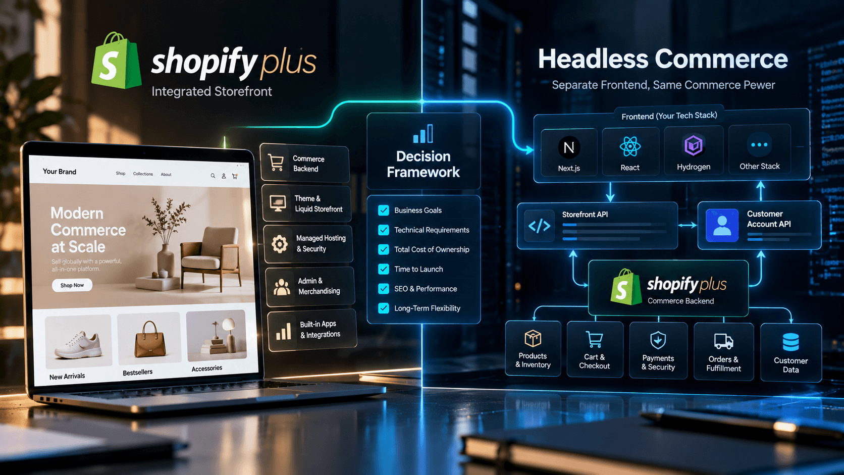 Dark technical infographic comparing an integrated Shopify Plus storefront with headless commerce APIs and an enterprise decision framework.